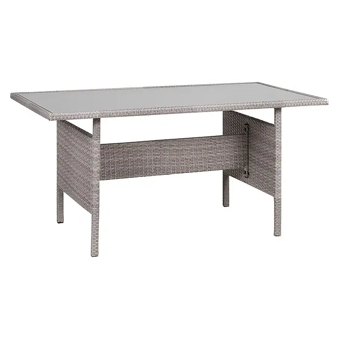 Esstisch VITERBO in Grau - (W) 80 x (H) 74 x - L - Grauer rechteckiger Gartentisch mit geflochtenem Rattan-Gestell und Glasplatte.