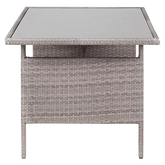 Esstisch VITERBO in Grau - (W) 80 x (H) 74 x - L - Grauer quadratischer Gartentisch mit geflochtenem Rattan-Stil Unterbau und Glasplatte.