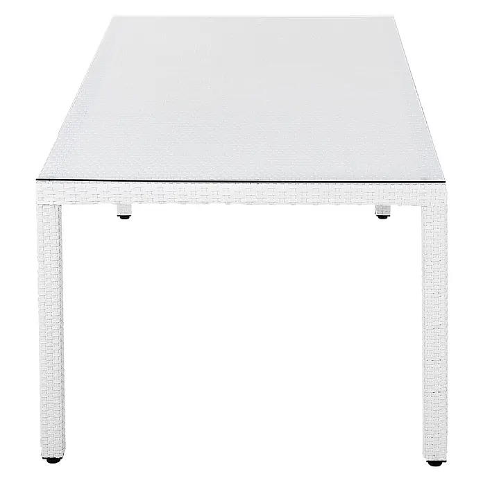 Esstisch ITALY in Weiß - (W) 100 x (H) 74 x - L - Weißer rechteckiger Tisch mit Glasplatte und geflochtenem Rattan-Gestell.