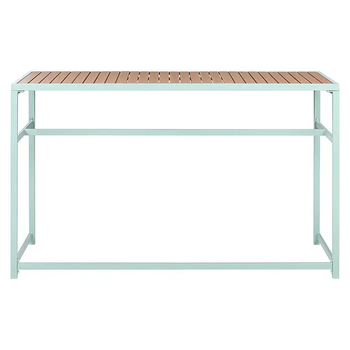 Esstisch AVETRANA in Grün/Braun - (W) 50 x (H) 90 x - L - Hellgrüner Metalltisch mit einer Lattenplatte aus Holz.
