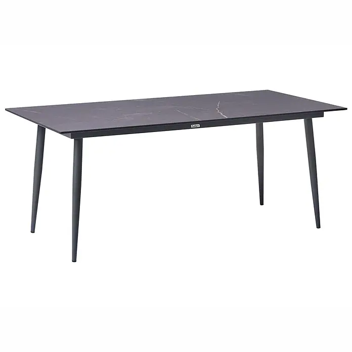 Esstisch TOLENTINO in Grau - (W) 90 x (H) 75 x - L - Rechteckiger Esstisch mit dunkler Marmorplatte und vier dunklen, konischen Beinen.