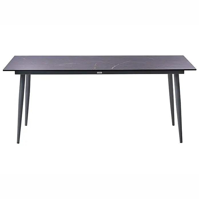 Esstisch TOLENTINO in Grau - (W) 90 x (H) 75 x - L - Dunkler rechteckiger Esstisch mit marmorierter Tischplatte und schrägen dunklen Beinen.