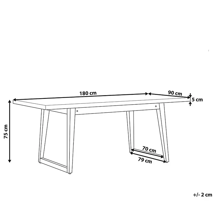 Esstisch ORIA in Grau/Braun - (W) 90 x (H) 75 x - L - Strichzeichnung eines rechteckigen Tisches: 180x90x75 cm, Tischplatte 5 cm dick, Beinbreite 70-79 cm. Alle Maße +/- 2 cm.