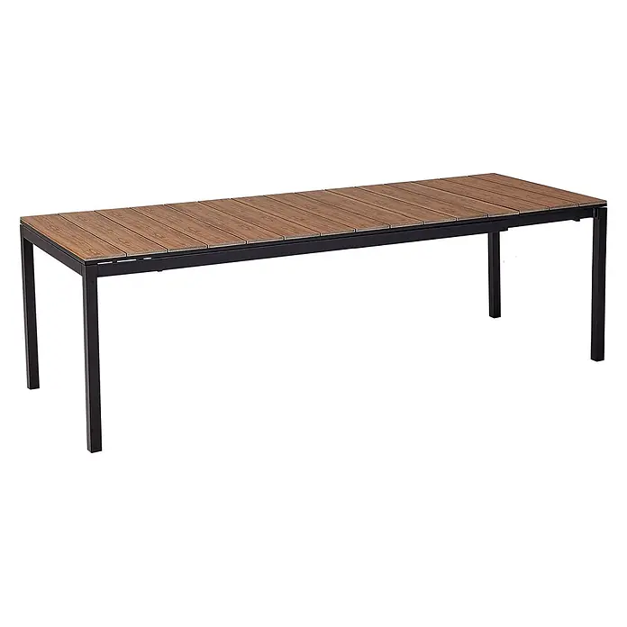 Esstisch TOFANE in Braun/Schwarz - (W) 90 x (H) 77 x - L - Rechteckiger Gartentisch mit brauner Holzlattenplatte und schwarzem Metallgestell.