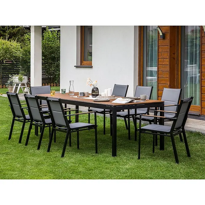 Esstisch TOFANE in Braun/Schwarz - (W) 90 x (H) 77 x - L - Outdoor-Esstischgruppe mit Holztisch, schwarzen Metallrahmen und grauen Stühlen.