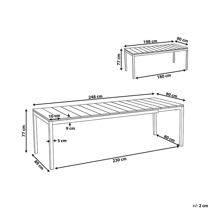 Esstisch TOFANE in Braun/Schwarz - (W) 90 x (H) 77 x - L - Ausziehbarer Gartentisch mit Lattenplatte, kompakt (198 cm) und ausgezogen (248 cm) gezeigt, mit Maßen.