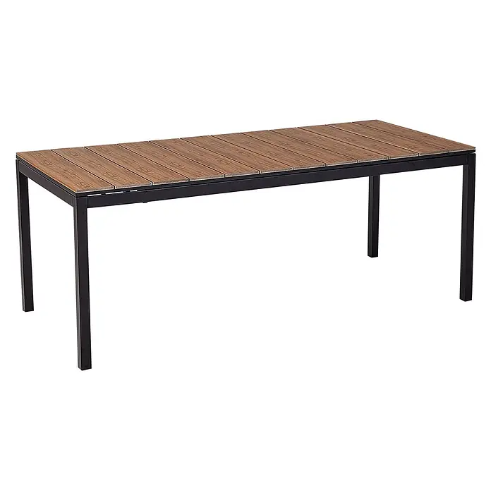 Esstisch TOFANE in Braun/Schwarz - (W) 90 x (H) 77 x - L - Rechteckiger Gartentisch mit brauner Lattenrostplatte in Holzoptik und schwarzem Metallgestell.