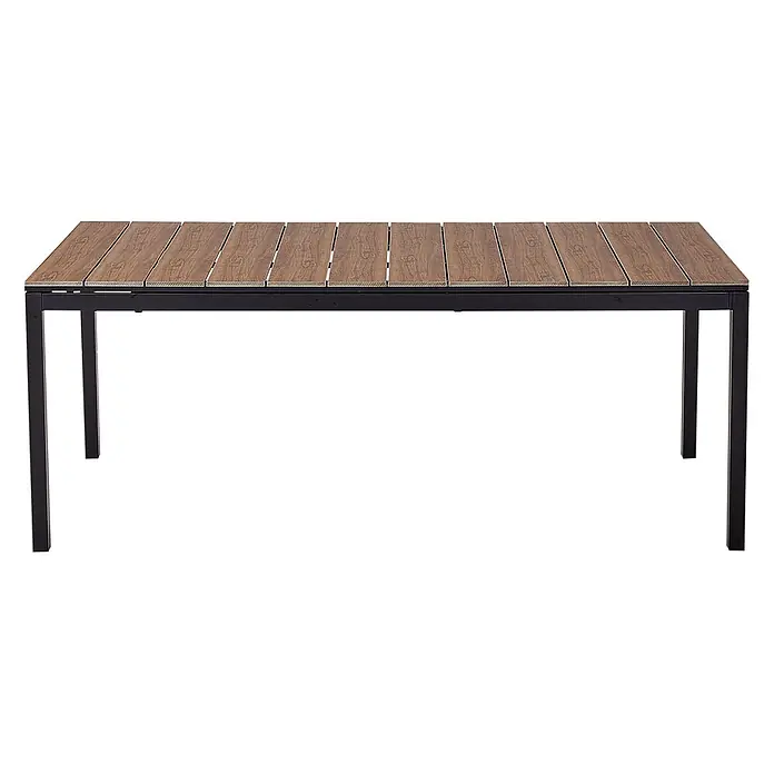 Esstisch TOFANE in Braun/Schwarz - (W) 90 x (H) 77 x - L - Rechteckiger Outdoor-Tisch mit brauner Lattenplatte und schwarzen Metallbeinen.