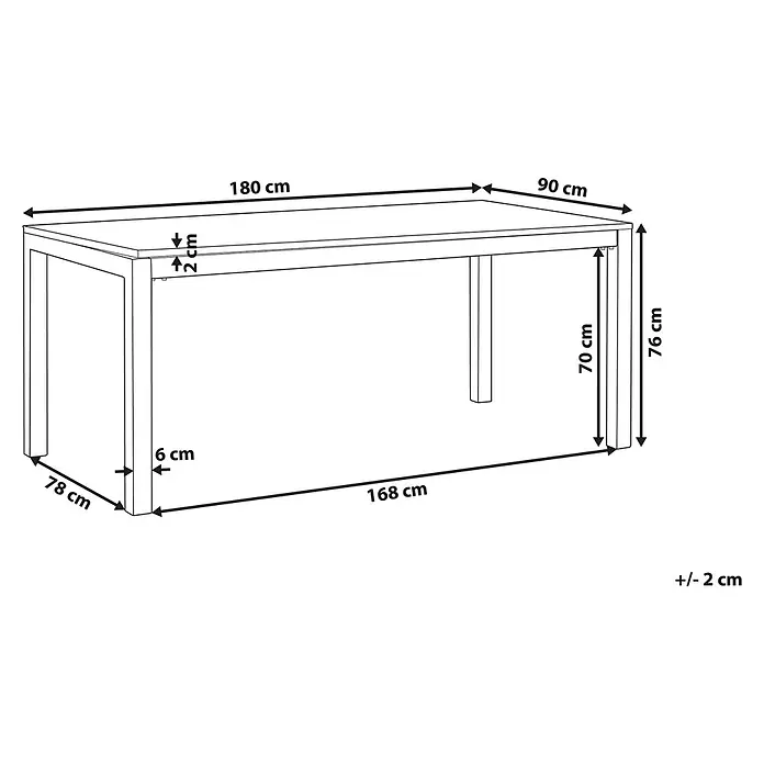 Esstisch GROSSETO in Schwarz/Silber - (W) 90 x (H) 76 x - L - Rechteckiger Esstisch mit Maßen: 180 cm Länge, 90 cm Breite, 76 cm Höhe. Technische Zeichnung.