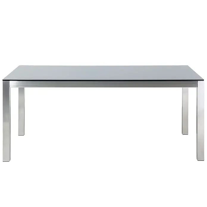 Esstisch GROSSETO in Schwarz/Silber - (W) 90 x (H) 76 x - L - Rechteckiger Esstisch mit dunkelgrauer Glasplatte und gebürstetem silbernem Metallrahmen und -beinen.