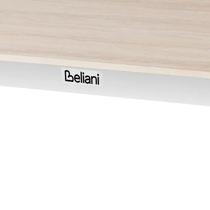 Esstisch FELETTO in Beige/Weiß - (W) 90 x (H) 76 x - L - Nahaufnahme einer hellen Holzoberfläche mit weißer Kante und „Beliani“-Logo.