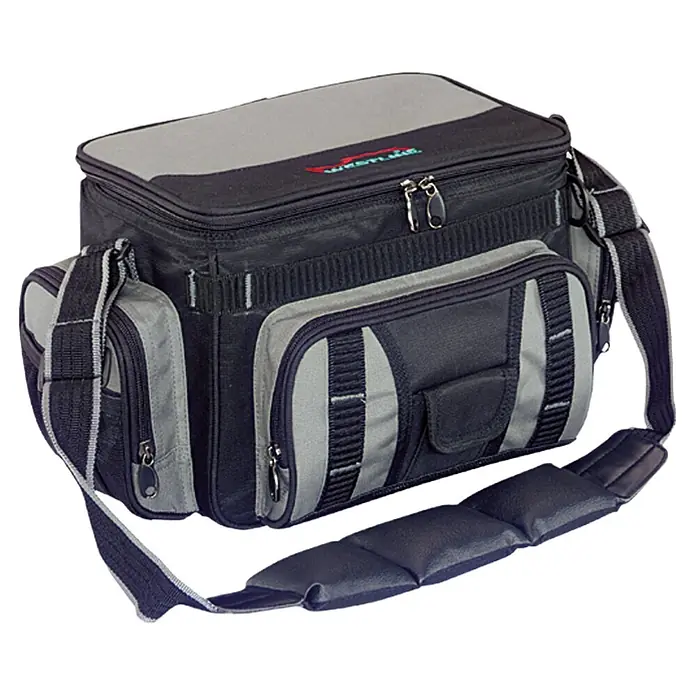 Westline Spinnertasche - Größe: M, L x B x H: 21 x 40 x 25 cm - Bild einer Westlake Tackle Box Angeltasche in Schwarz und Grau, ideal für Angelausrüstung.