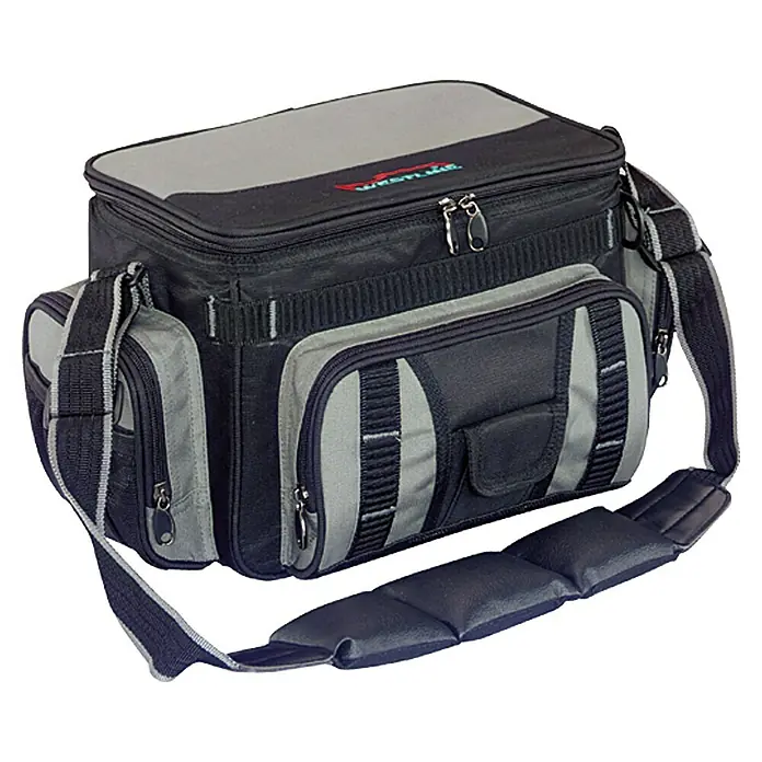Westline Spinnertasche - Größe: M, L x B x H: 21 x 40 x 25 cm - Bild einer Westlake Tackle Box Angeltasche in Schwarz und Grau, ideal für Angelausrüstung.