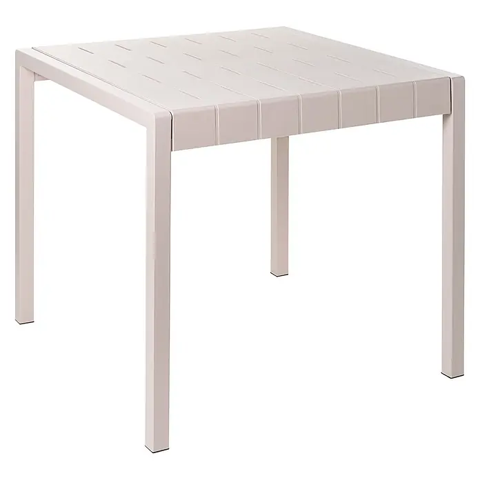 Esstisch BARTICA in Beige - (W) 84 x (H) 77 x - L - Hellbeiger quadratischer Gartentisch mit Lattenplatte und Metallrahmen.