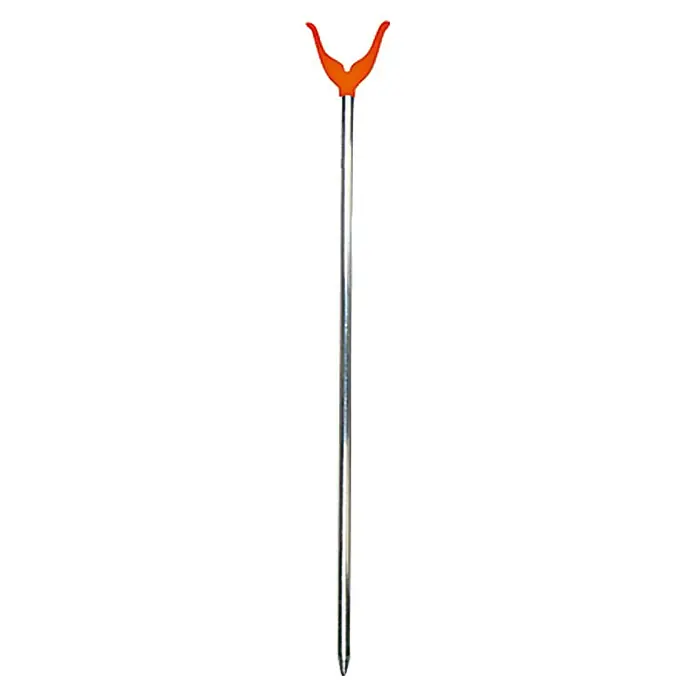 Westline Rutenständer - 80 cm, Kunststoff - Eine orangefarbene Rutenauflage auf einem langen, silberfarbenen Erdspieß, der für das Angeln verwendet wird.