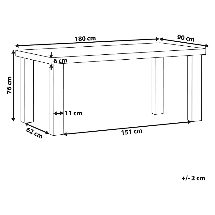 Esstisch TARANTO in Grau - (W) 90 x (H) 76 x - L - Rechteckiger Tisch mit einer 6 cm dicken Platte und 11 cm starken Beinen. Maße: 180 cm L x 90 cm B x 76 cm H.