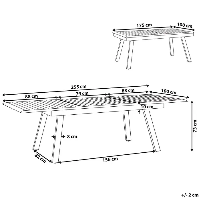 Esstisch PERETA in Grau/Weiß - (W) 100 x (H) 73 x - L - Strichzeichnung eines ausziehbaren Gartentisches aus Holz mit Lattenplatte, zeigt kompakte und ausgezogene Maße.