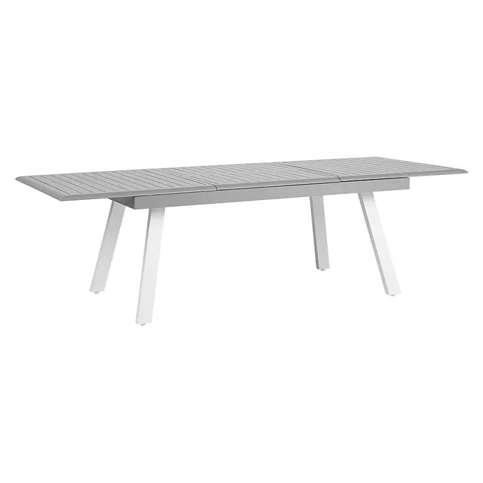 Esstisch PERETA in Grau/Weiß - (W) 100 x (H) 73 x - L - Grauer, ausziehbarer Gartentisch mit Lattenplatte und weißen Beinen.