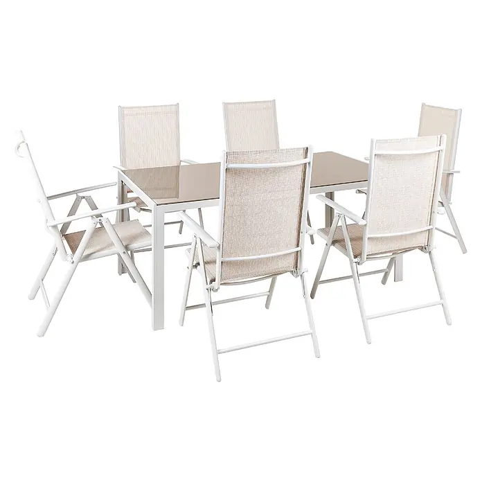 7-tlg Gartentisch Set CATANIA in Beige/Weiß -  - Weißes Outdoor-Essgruppe mit beigefarbener Glastischplatte und sechs klappbaren Stühlen aus hellem Netzgewebe.