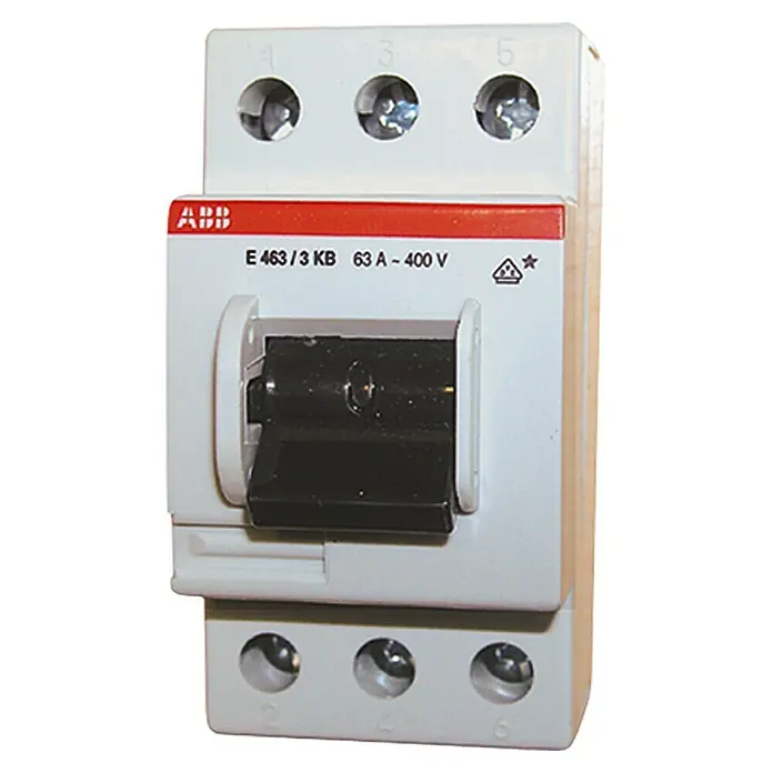 ABB Hauptschalter 463/3KB - 230 V - 400 V, 63 A, Polanzahl: 3 Stk. - ABB E 463/3 KB Fehlerstromschutzschalter 63 A - 400 V, einphasig, mit drei Anschlüssen oben und unten, für zuverlässigen Schutz.