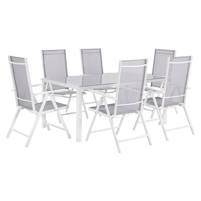 7-tlg Gartentisch Set CATANIA in Grau/Weiß -  - Weiße Outdoor-Essgruppe mit Glastisch und sechs Klappstühlen mit weißem Gestell und grauem Netzstoff.