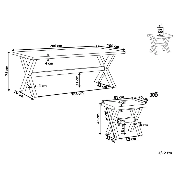 7-tlg Gartentisch Set OLBIA in Grau/Braun -  - Rechteckiger Tisch (200x100x75cm) mit X-Beinen und 6 passenden Bänken (51x40x45cm). Max. Belastung Tisch 120kg.
