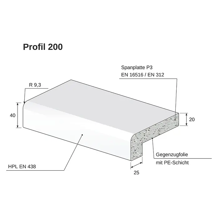 Krono Original Fensterbank Profil 200 - Weiß, Holz, B x L: 20 x 410 cm - Profil 200: Graue Spanplatte P3 mit HPL-Beschichtung, abgerundeter Kante (R 9,3) und Gegenzugfolie. Detaillierte Schnittzeichnung mit Maßen.