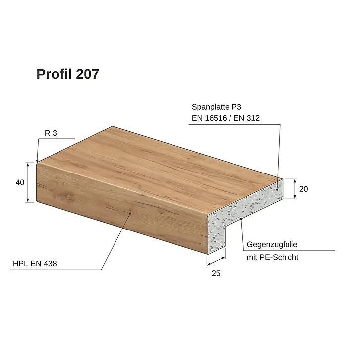 Krono Original Fensterbank Profil 207 - L x B x H: 410 x 25 x 4 cm, Holz, Holzoptik, Braun - Holzoptik-Laminat-Arbeitsplatten-/Regalkantenprofil (Profil 207) mit 40mm Höhe, R3 Rundung und Spanplattenkern.