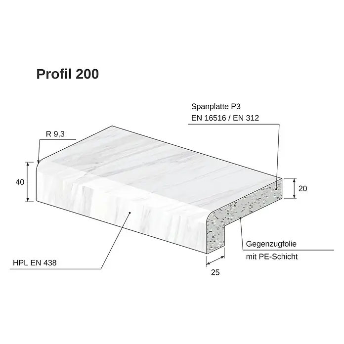 Krono Original Fensterbank Profil 200 - Weiß, Holz, Marmoroptik, L x B x H: 410 x 2,5 x 4 cm - Profil 200 Arbeitsplattenkante in Weiß/Grau Marmoroptik. Sie besteht aus Spanplatte P3, HPL EN 438 und einer PE-Gegenzugfolie, Maße 40x20mm.