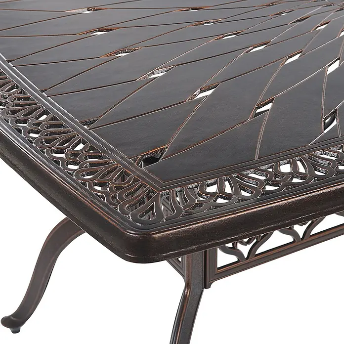 13-tlg Gartentisch Set LIZZANO in Braun/Orange -  - Dunkelbrauner Gussaluminium-Gartentisch mit geometrischem Muster und dekorativer Rankenbordüre.