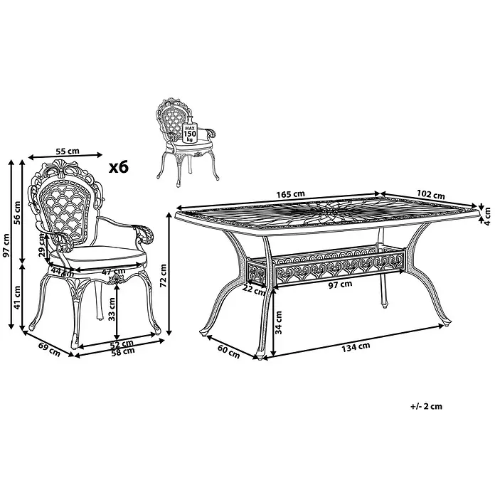 13-tlg Gartentisch Set LIZZANO in Braun/Orange -  - Ornate Essgruppe mit Tisch und 6 Stühlen, Maße und max. Belastung (150 kg) des Stuhls angezeigt.