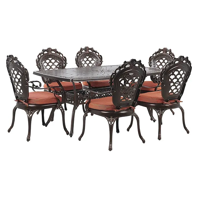 13-tlg Gartentisch Set LIZZANO in Braun/Orange -  - Verziertes, bronzefarbenes Terrassen-Essset aus Gussaluminium mit rechteckigem Tisch und sechs Stühlen mit orangefarbenen Sitzkissen.