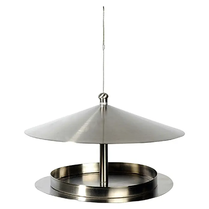Dobar Vogelhaus Silberglanz - Ø x H: 29 x 19,5 cm, Edelstahl, Silber - Ein moderner, runder Vogelfutterspender aus Metall mit einem kegelförmigen Dach zum Schutz vor Regen und Sonne.