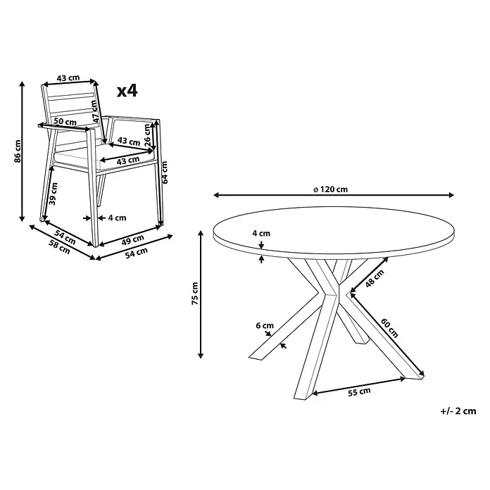 9-tlg Gartentisch Set MALETTO/TAVIANO in Schwarz/Braun -  - Maße eines runden Esstisches mit geometrischem Bein-Design und vier passenden Stühlen mit Armlehnen, inklusive Maßangaben.