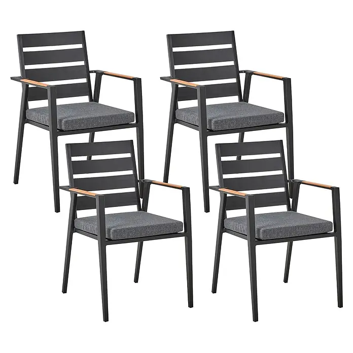 9-tlg Gartentisch Set MALETTO/TAVIANO in Schwarz/Braun -  - Set aus vier modernen dunkelgrauen Metall-Gartenstühlen mit Holzarmlehnen und weichen grauen Sitzkissen.
