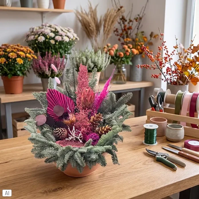 Piardino Grabtopf - 26 cm, Mehrfarbig - Festliches Blumenarrangement mit Fichte, getrockneten rosa Blüten und Tannenzapfen auf Holztisch in Floristikwerkstatt.