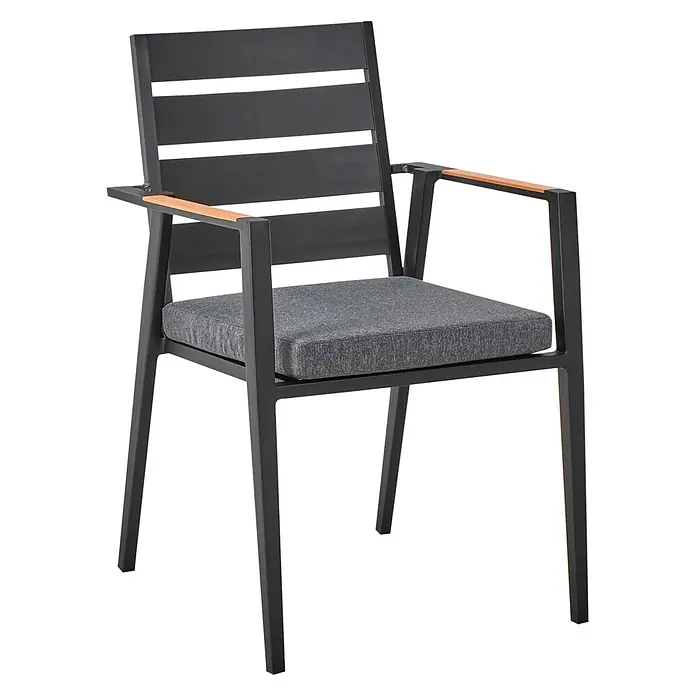 9-tlg Gartentisch Set MALETTO/TAVIANO in Schwarz/Braun -  - Moderner dunkelgrauer Stuhl mit Armlehnen aus Holz und abnehmbarem grauen Stoffkissen.