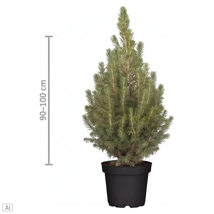 Piardino Zuckerhutfichte getopft - 90 m - 100 cm, Picea glauca 'Conica', Topfgröße: 10 l - Kiefer im Topf, 90-100 cm hoch, in schwarzem Pflanzgefäß.