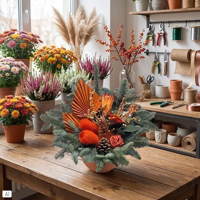 Piardino Grabgesteck Nr. 255 - Stilrichtung: Klassisch, Mehrfarbig - Winterliches Blumenarrangement in Terrakottaschale mit Tannengrün, orangefarbenen Dekoelementen und Tannenzapfen auf Holztisch.