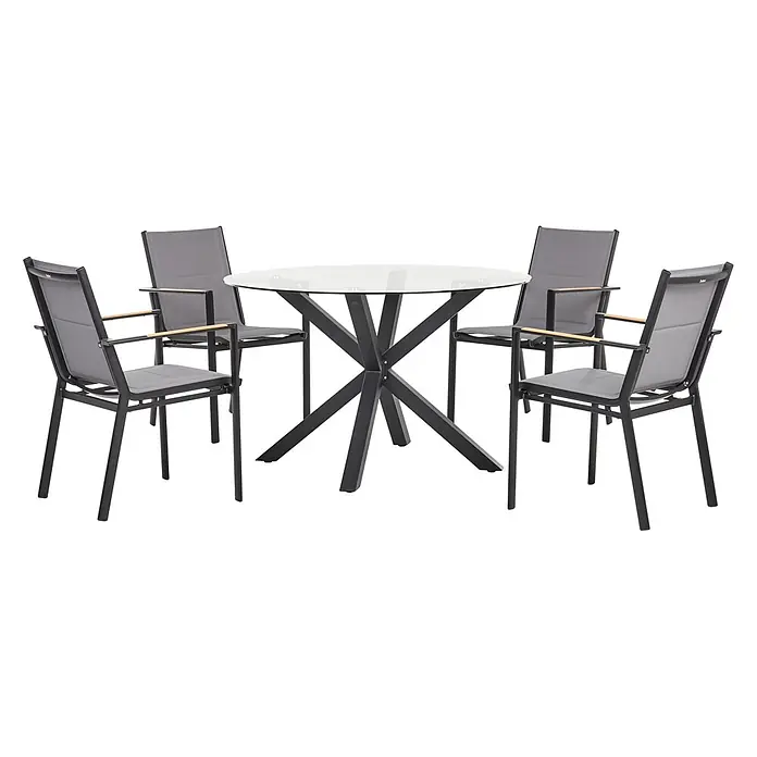 5-tlg Gartentisch Set MALETTO/BUSSETO in Schwarz/Transparent/Braun -  - Gartentischgruppe mit rundem Glastisch, schwarzem Sternfuß und vier grauen Stoffstühlen mit schwarzem Metallgestell und Holzarmlehnen.