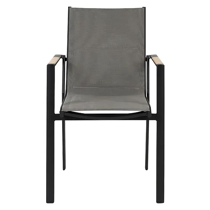 5-tlg Gartentisch Set MALETTO/BUSSETO in Schwarz/Transparent/Braun -  - Grauer Mesh-Gartenstuhl mit schwarzem Metallrahmen und hellen Holzarmlehnen, Vorderansicht.