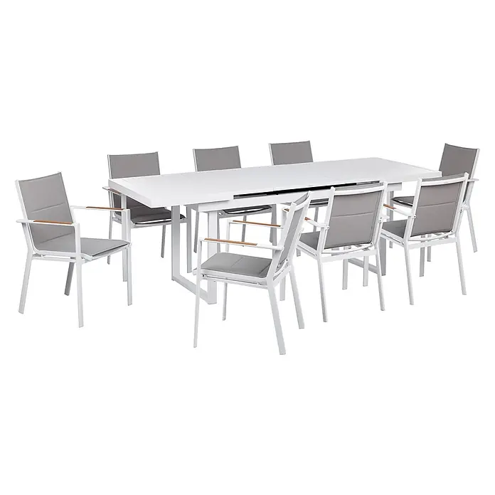 9-tlg Gartentisch Set VALCANETTO/BUSSETO in Weiß/Grau/Braun -  - Modernes weißes ausziehbares Outdoor-Esstischset mit acht grauen Stühlen und Holzarmlehnen.