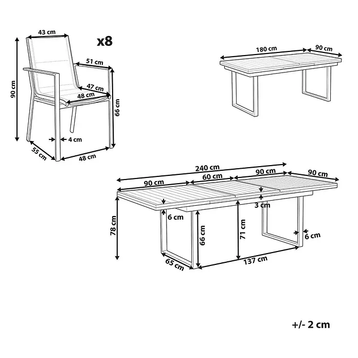 9-tlg Gartentisch Set VALCANETTO/BUSSETO in Schwarz/Grau -  - Strichzeichnung mit Maßen für einen ausziehbaren Esstisch (180-240cm) und 8 Stühle mit Armlehnen.
