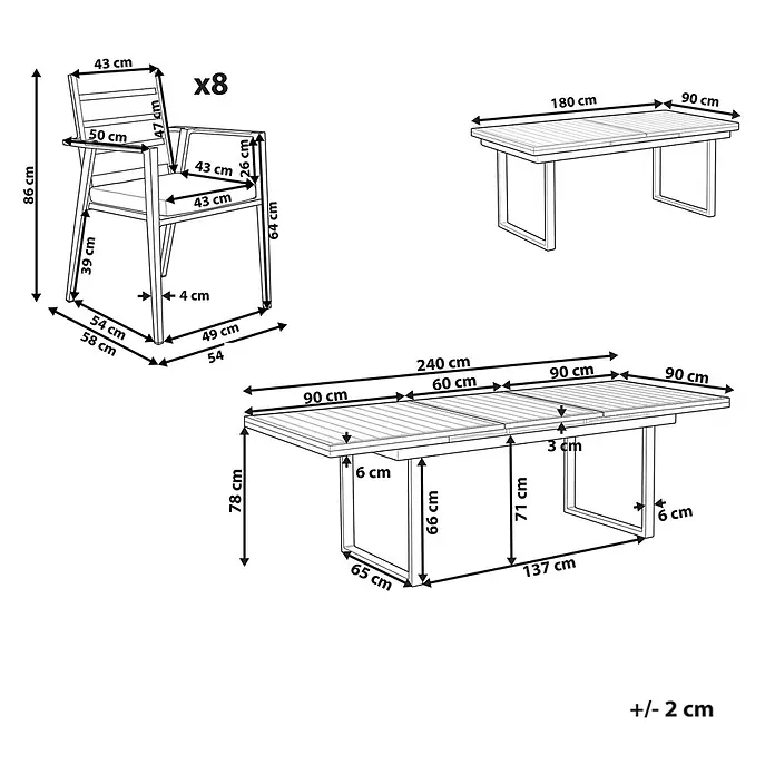 17-tlg Gartentisch Set VALCANETTO/TAVIANO in Schwarz/Grau/Braun -  - Esstisch-Set: Ausziehbarer Tisch (180-240 cm) und 8 Stühle mit detaillierten Maßen.