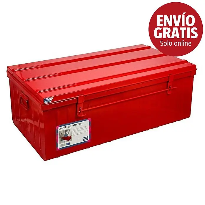 Caja de almacenaje y transporte - L x An x Al: 100 x 55 x 40 cm, Rojo - Caja de almacenamiento de acero roja de 100 cm con tapa nervada, asas laterales y cierres frontales.
