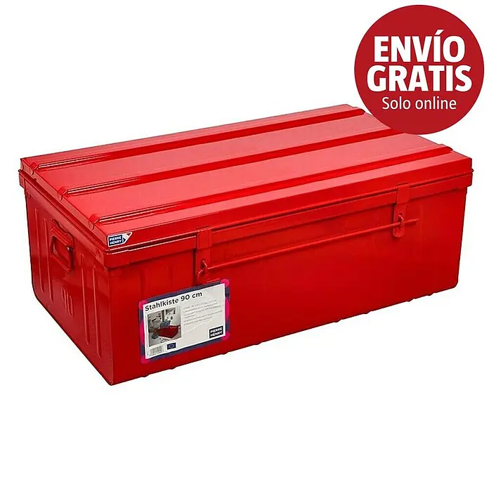 Caja de almacenaje y transporte - L x An x Al: 90 x 50 x 37 cm, Rojo - Baúl de almacenamiento de acero rojo con tapa acanalada.