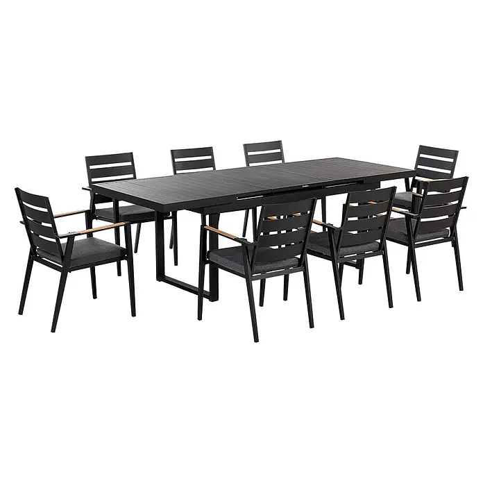 17-tlg Gartentisch Set VALCANETTO/TAVIANO in Schwarz/Grau/Braun -  - Schwarzes Aluminium-Gartenset mit ausziehbarem Tisch und Stühlen mit dunkelgrauen Polstern, teils mit Holzarmlehnen.
