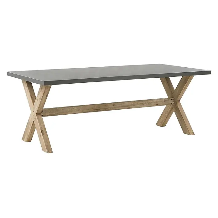 7-tlg Gartentisch Set OLBIA in Grau/Braun -  - Moderner Esstisch mit dunkelgrauer Platte und natürlichen X-förmigen Holzbeinen, verbunden durch eine Querstrebe.