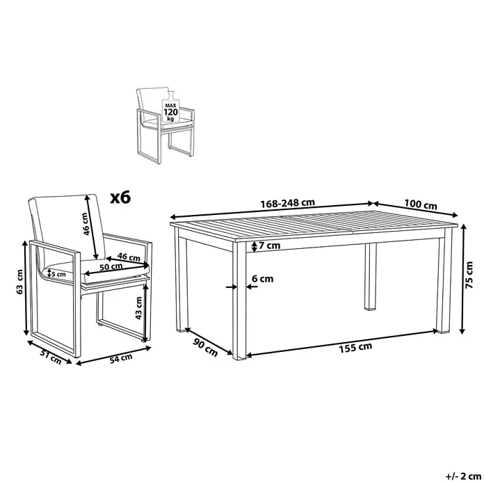 13-tlg Gartentisch Set PANCOLE in Grau/Weiß -  - Maßgezeichnetes Diagramm eines ausziehbaren Esstisches (168-248x100x75 cm) und 6 Stühlen (max. 120 kg Belastung).