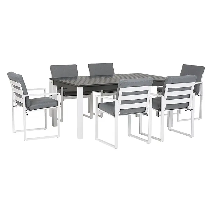 13-tlg Gartentisch Set PANCOLE in Grau/Weiß -  - Outdoor-Essgruppe: weiß gerahmter Tisch mit dunkelgrauer Lattenplatte und sechs weiß gerahmte Stühle mit grauen Kissen.